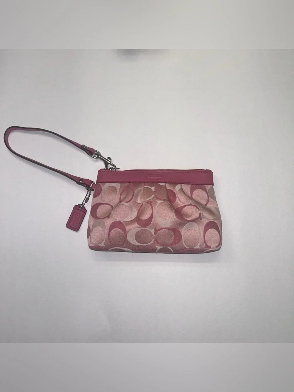 Coach Pink Signature Canvas Wristlet with Leather Trim